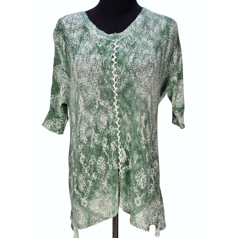 Women's Sundance XL Green Cotton Knit Whipstitch Medallion Tunic Sweater